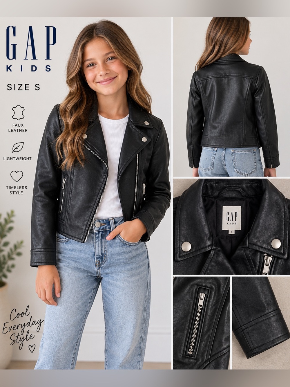 GAP Kids Black Faux Leather Moto Biker Jacket Size Small